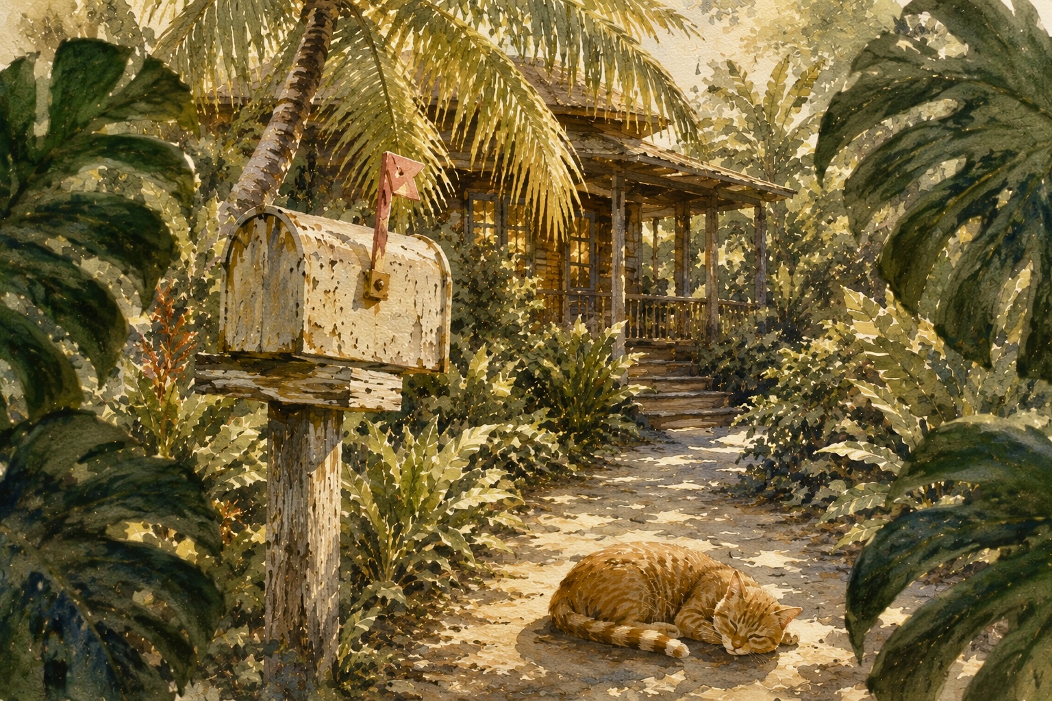 A painted tropical garden path leading toward a small wooden cottage, with Coco the ginger cat asleep in the sunlight beneath palm trees.