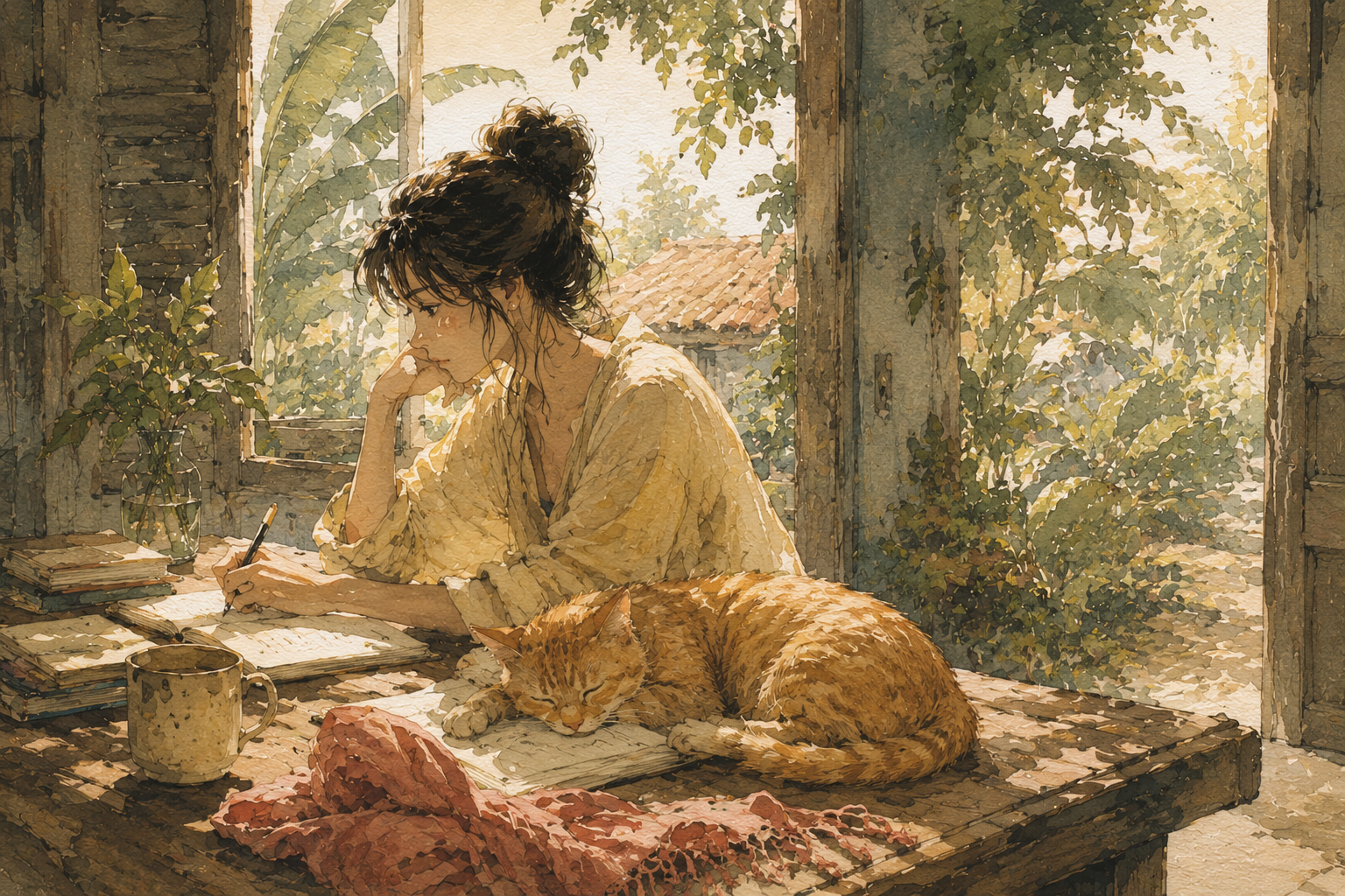 Anna writing at her desk by an open window, with Coco the ginger cat asleep on a dusty rose cloth beside her.